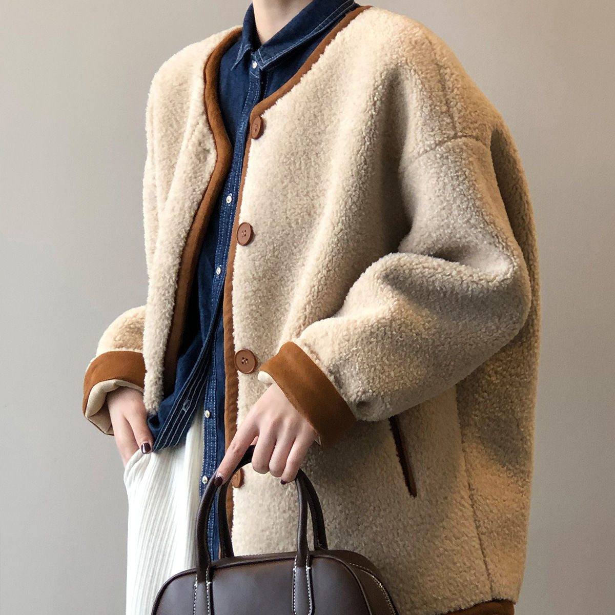 ボア風 ノーカラー カーディガン ジャケット_レディース_秋冬_長袖 ボタン ポケット ゆったり 大きいサイズ 軽やか_オフホワイト/ラクダ_M-3XL