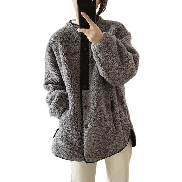 もこもこ ジャケット レディース 秋冬 スナップボタン 伸縮 ゆったり 長袖 オフホワイト/ブラウン M-3XL