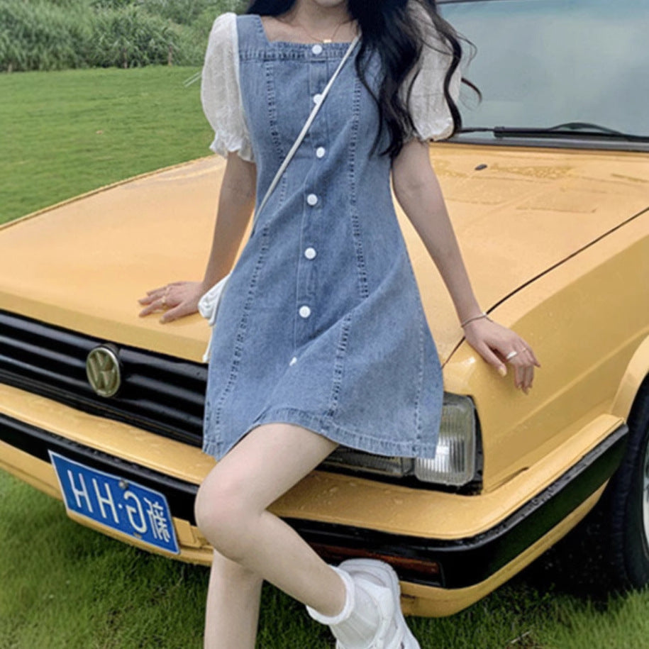 フランス風 夏 新作 小柄 パフスリーブ デニム ワンピース レディース 高級感 デザイン感◎