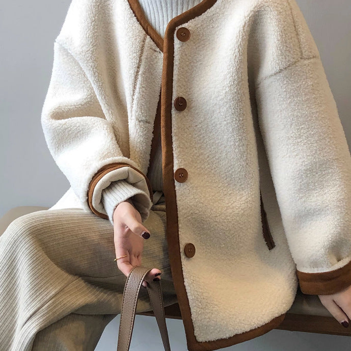 ボア風 ノーカラー カーディガン ジャケット_レディース_秋冬_長袖 ボタン ポケット ゆったり 大きいサイズ 軽やか_オフホワイト/ラクダ_M-3XL