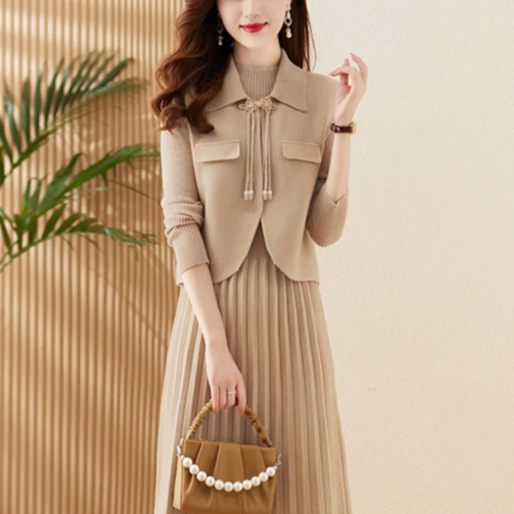 プリーツ ニット ワンピース ベスト風 セット見え_レディース_秋冬_長袖 ロング きれいめ 上品 通勤 オフィス映え 伸縮性 抜群_ラクダ M