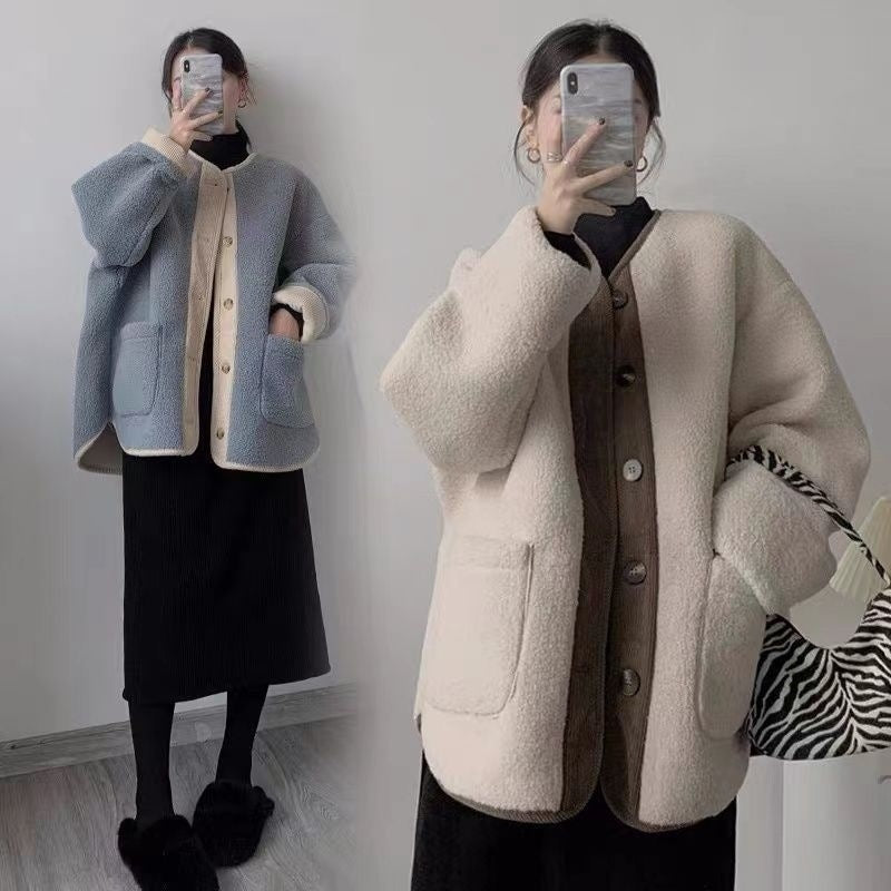 ボア ジャケット ノーカラー 長袖 レディース 秋冬 ゆったり 大きいサイズ きれいめ 上品 羽織 通勤 通学 ヘイズブルー アプリコット M-4XL