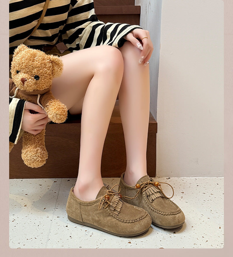 フリンジ モカシン ローファー フラットソール レディース 秋冬 レースアップ 軽やか 通気性 抜群 つま先あり 上品 おしゃれ_カーキ/ブラウン 35-40