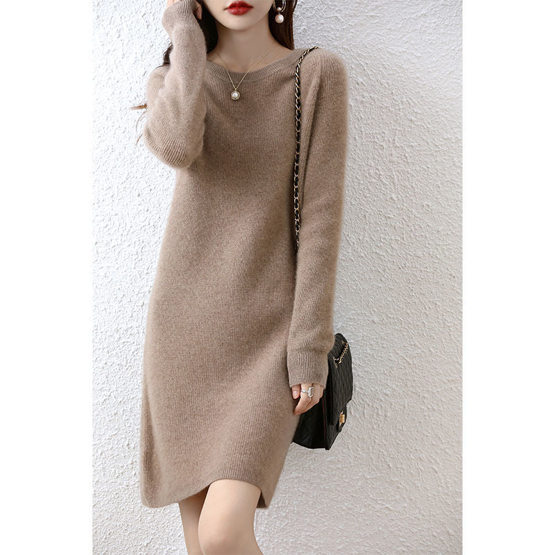 アイスシルク ニット ワンピース 長袖 きれいめ オフィス 通勤_レディース_夏 秋_涼しい 伸縮性 通気性 体型カバー 上品 ロング_グレーグリーン_M