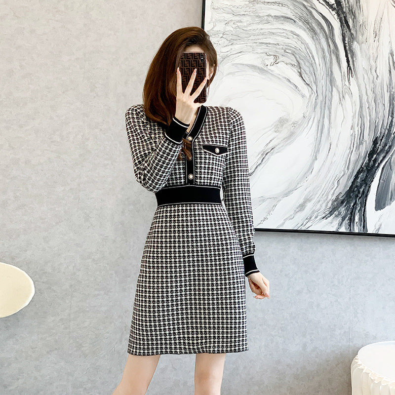 春 夏 新作 小香風 高級感 長袖 Aライン ニット ワンピース 着痩せ