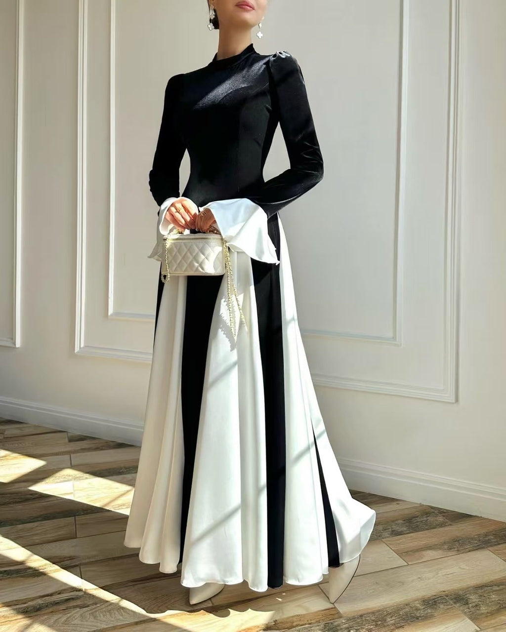 欧米風 春夏 ラッパ袖 配色 ワンピース 着痩せ きれいめ 大人 カジュアル