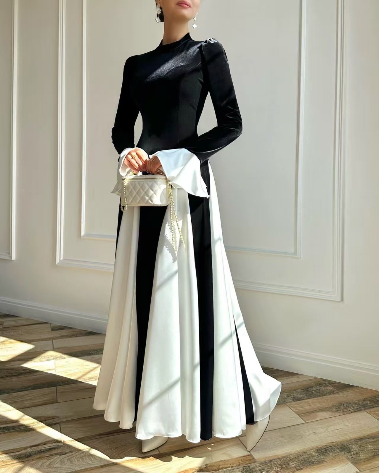 欧米風 春夏 ラッパ袖 配色 ワンピース 着痩せ きれいめ 大人 カジュアル