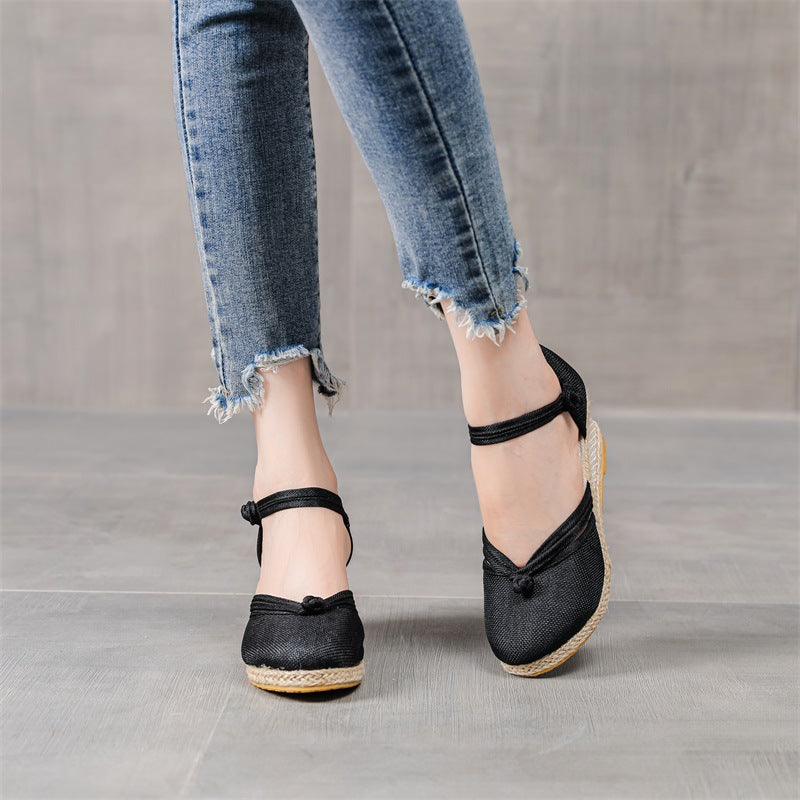 ウェッジヒール欧米サンダル 先のとがったつま先 麻ニット バックル