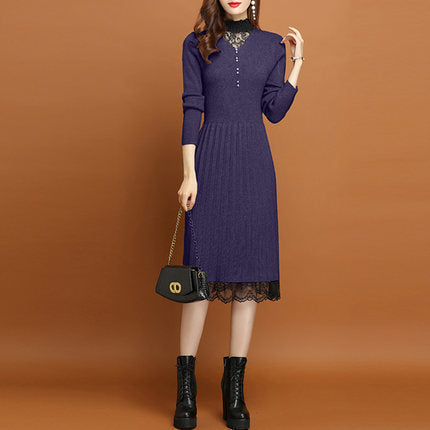 レース切替 リブ ニット ワンピース レディース 秋冬 長袖 プリーツ きれいめ 上品 オフィス映え 体型カバー ロング 秋 きれいめ ワンピース ルージュ フリー