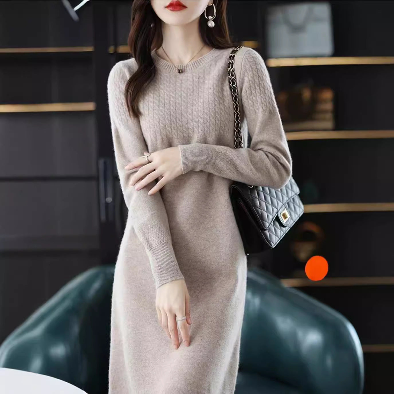 ケーブル編み ニット ワンピース ロング 長袖_レディース_秋冬_きれいめ 上品 体型カバー オフィス映え_キャメル ワンサイズ