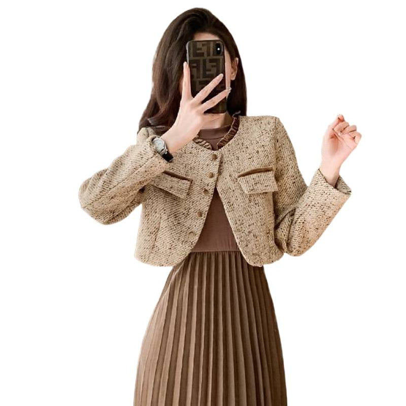 プリーツ ワンピース セットアップ ツイード風 ショートジャケット_レディース_秋_長袖 ロング 2way オフィス 通勤 上品 きれいめ_カーキセット/ブラックセット_S-2XL