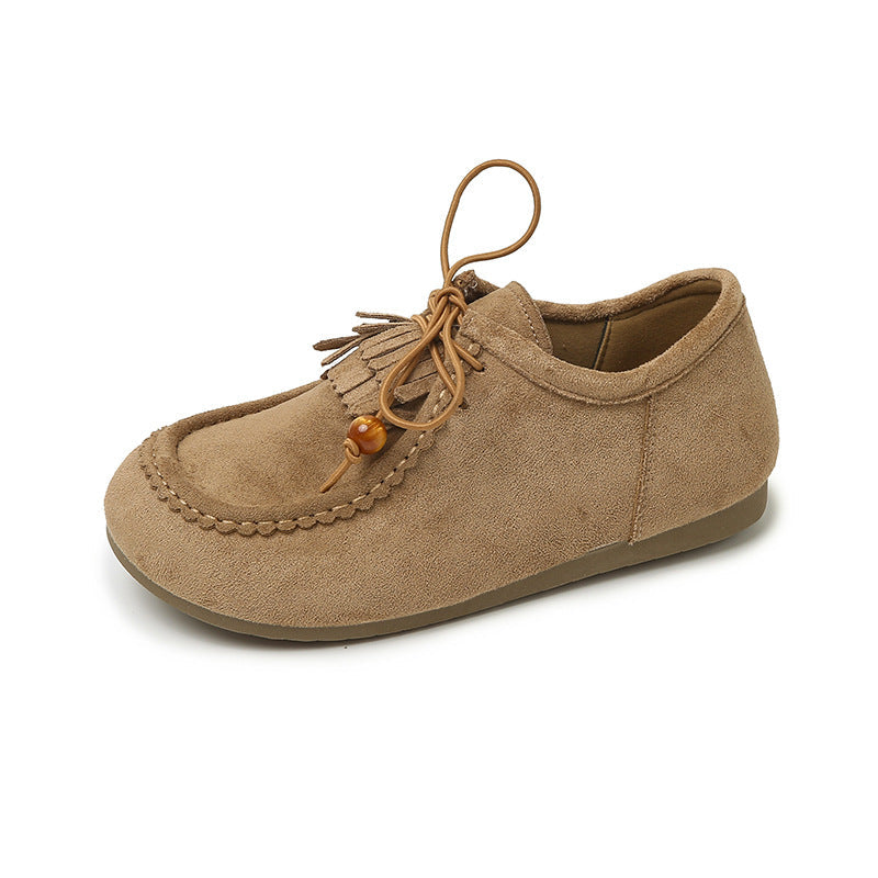 フリンジ モカシン ローファー フラットソール レディース 秋冬 レースアップ 軽やか 通気性 抜群 つま先あり 上品 おしゃれ_カーキ/ブラウン 35-40