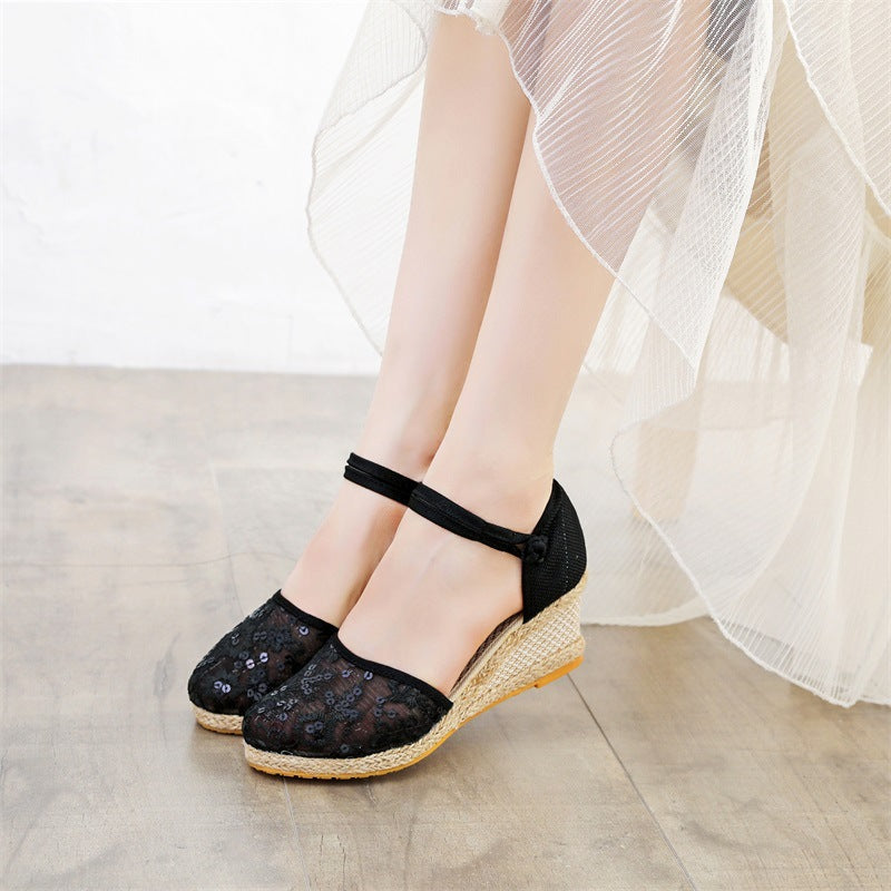 レディースサンダル ウェッジヒール メッシュ 麻ニット