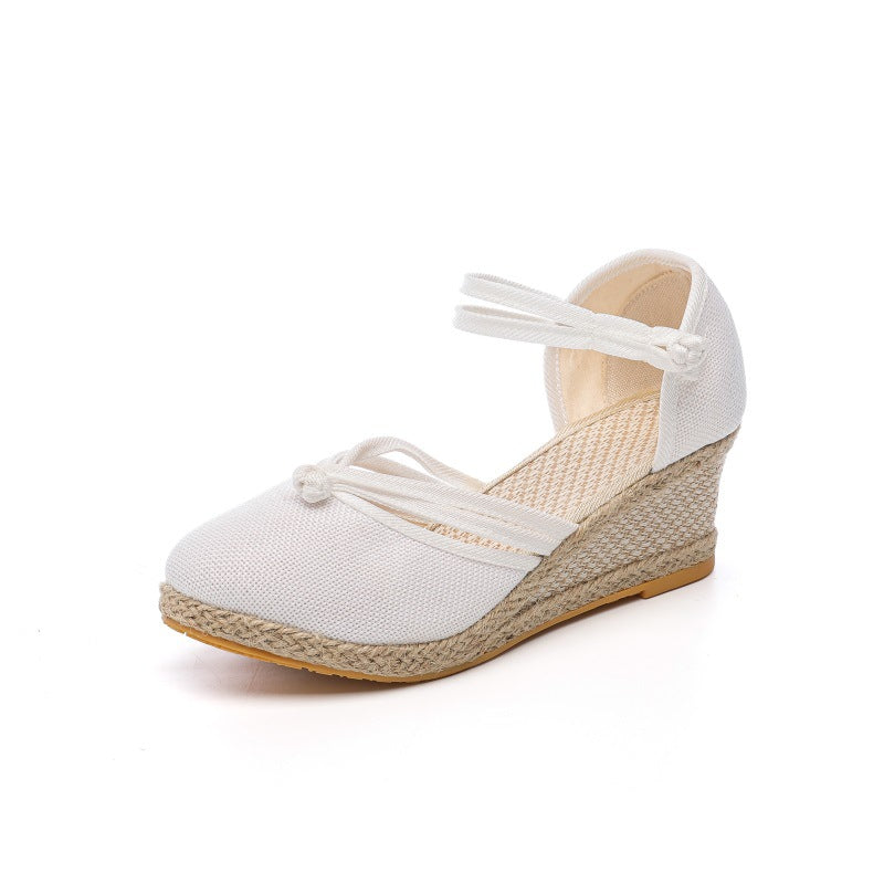 ウェッジヒール欧米サンダル 先のとがったつま先 麻ニット バックル