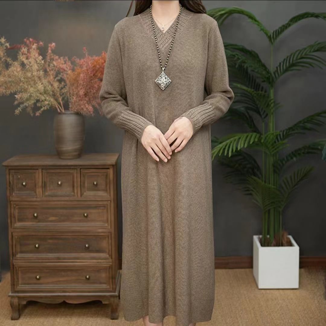 アイスシルク ニット ロングワンピース レディース 春夏秋 涼感 通気性 きれいめ 上品 ゆったり 体型カバー 長袖 ロング 通勤 オフィス 大きいサイズ グレー グリーン ネイビーブルー ブラック ラクダ M-6XL