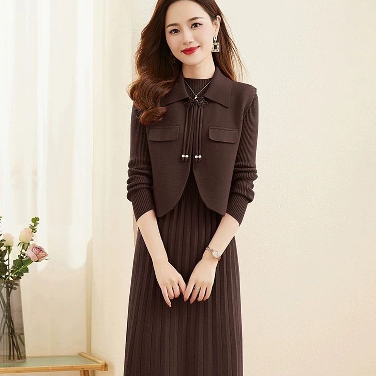 プリーツ ニット ワンピース ベスト風 セット見え_レディース_秋冬_長袖 ロング きれいめ 上品 通勤 オフィス映え 伸縮性 抜群_ラクダ M