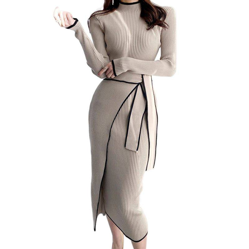 リブ ニット ワンピース ロング ベルト付き 秋 きれいめ ワンピース オフィス映え_レディース_秋冬_長袖 伸縮性 体型カバー 上品_カーキ/ブラック_S-M-L