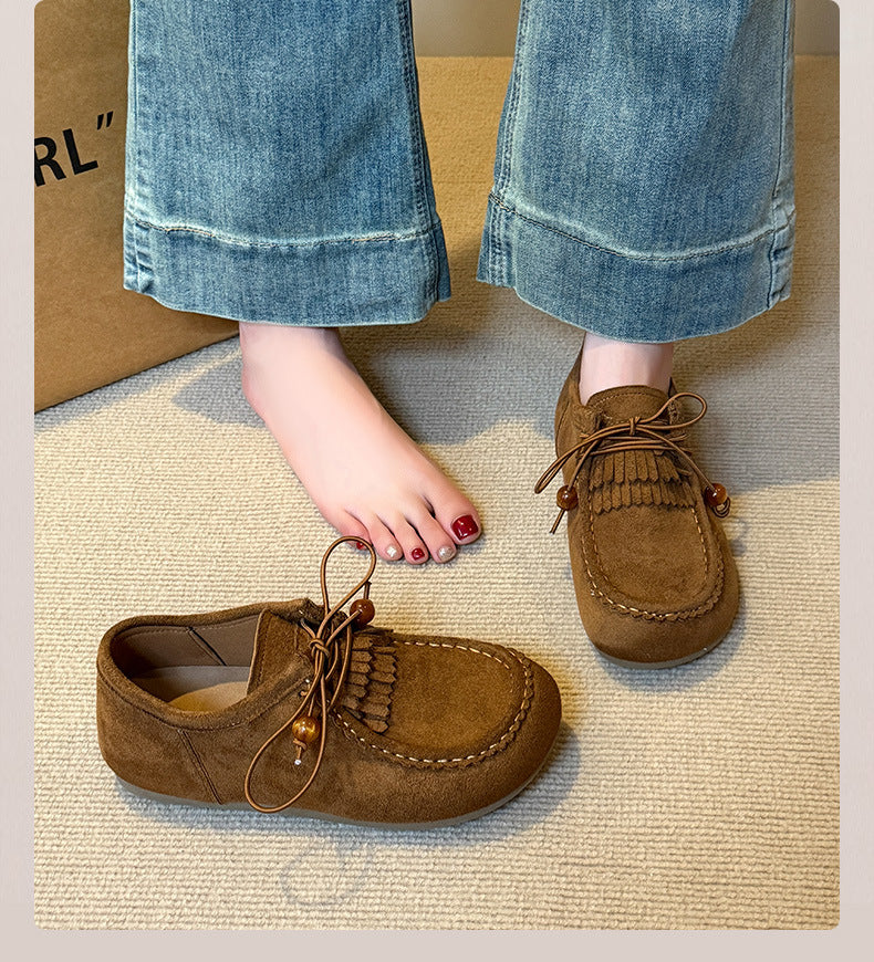フリンジ モカシン ローファー フラットソール レディース 秋冬 レースアップ 軽やか 通気性 抜群 つま先あり 上品 おしゃれ_カーキ/ブラウン 35-40
