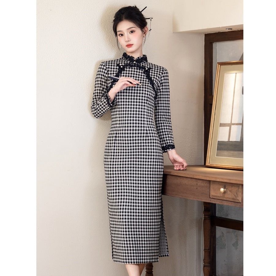 ギンガム格子 チャイナ風 ワンピース レディース 秋 長袖 とろみ素材 レース モノトーン ロング きれいめ オフィス映え 通勤 格子 S-3XL