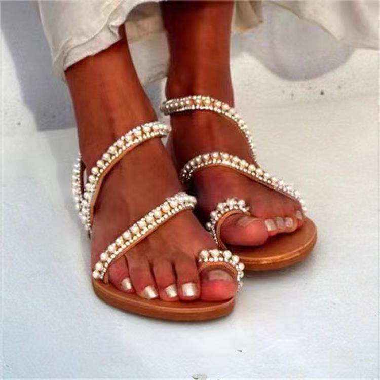 パールサンダル プラスサイズ ビーチ フラットボトム ローマンサンダル 丸いつま先