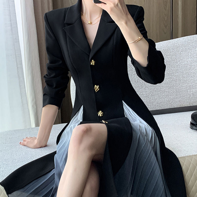 春 秋 通勤 スタイル 黒 スーツ風 ワンピース 長袖 おしゃれ 美シルエット