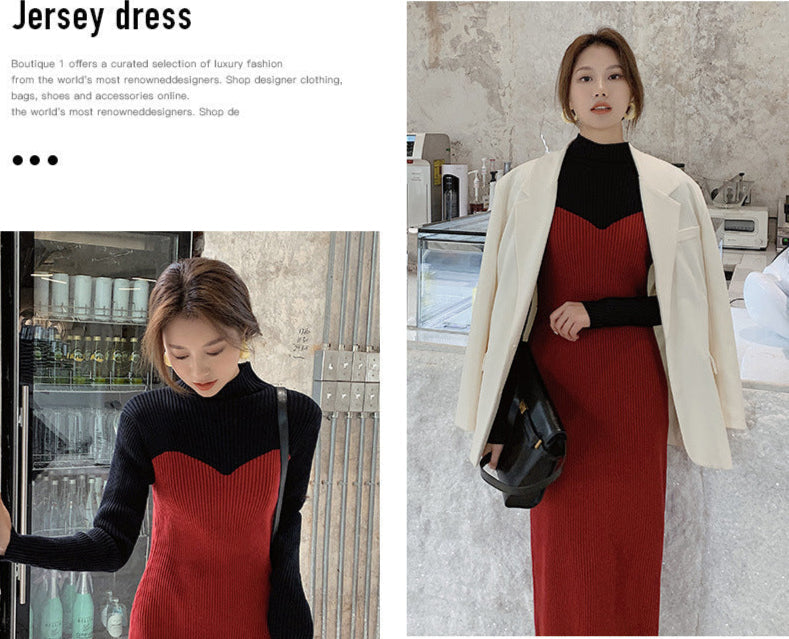 リブニット バイカラー ワンピース レディース 秋冬 ハイネック ロング 長袖 きれいめ オフィス 通勤 上品 大きいサイズ ブラック/レッド S-2XL