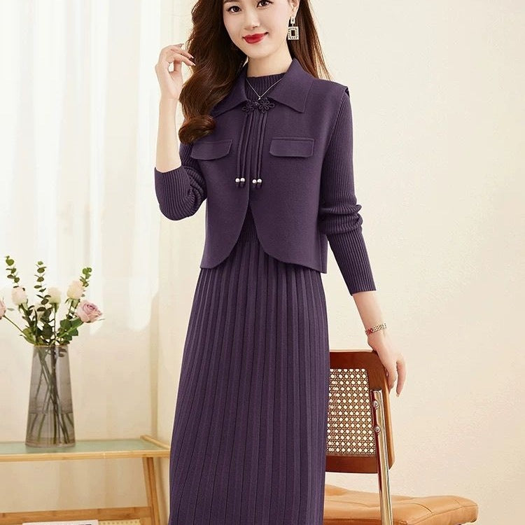 プリーツ ニット ワンピース ベスト風 セット見え_レディース_秋冬_長袖 ロング きれいめ 上品 通勤 オフィス映え 伸縮性 抜群_ラクダ M