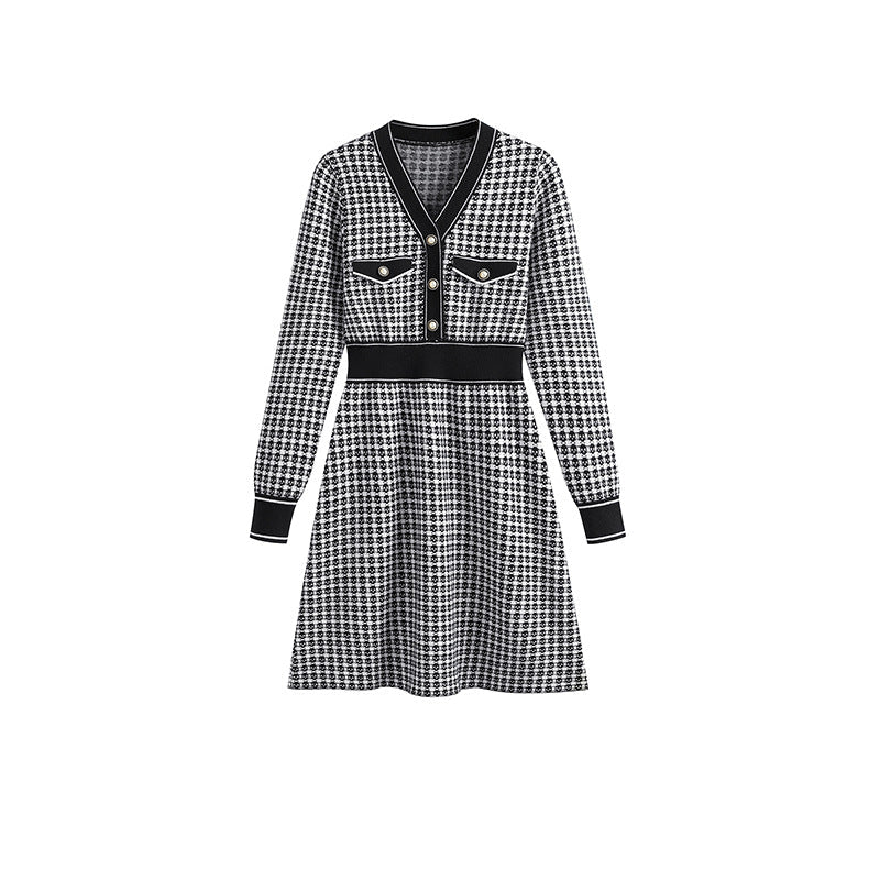 春 夏 新作 小香風 高級感 長袖 Aライン ニット ワンピース 着痩せ