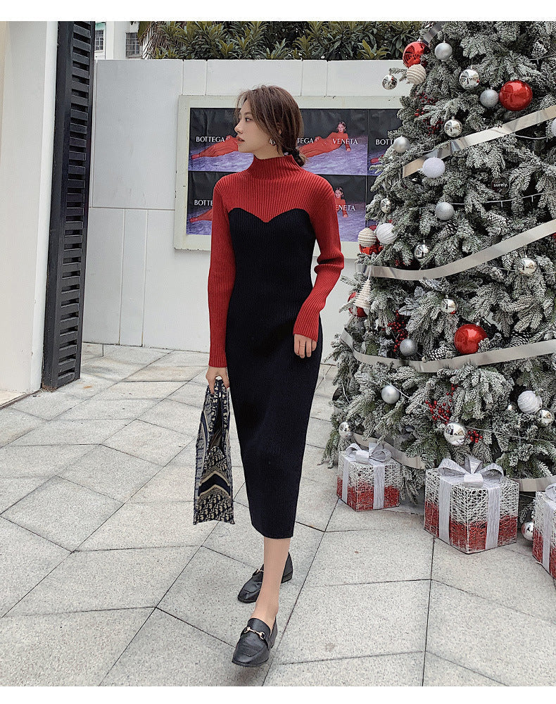 リブニット バイカラー ワンピース レディース 秋冬 ハイネック ロング 長袖 きれいめ オフィス 通勤 上品 大きいサイズ ブラック/レッド S-2XL