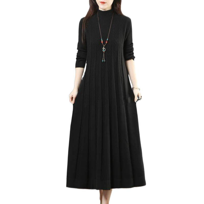 アイスシルク ハイネック ロング ワンピース Aライン きれいめ 上品_レディース_秋 冬_長袖 ゆったり 体型カバー オフィス映え 大きいサイズ_ラクダ_L