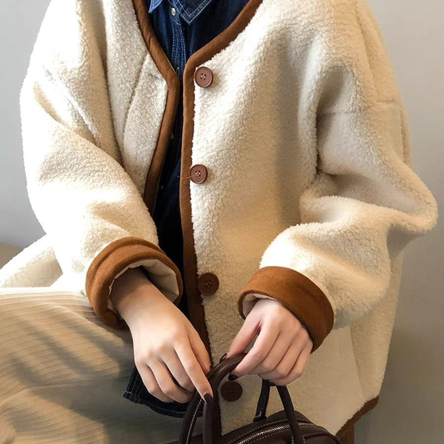 ボア風 ノーカラー カーディガン ジャケット_レディース_秋冬_長袖 ボタン ポケット ゆったり 大きいサイズ 軽やか_オフホワイト/ラクダ_M-3XL