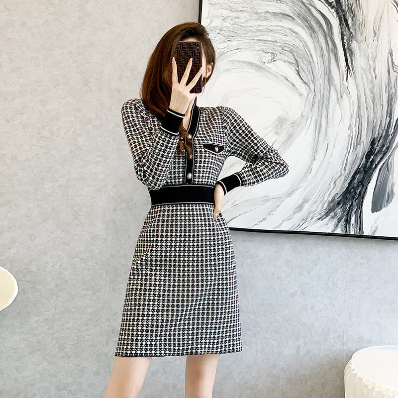 春 夏 新作 小香風 高級感 長袖 Aライン ニット ワンピース 着痩せ