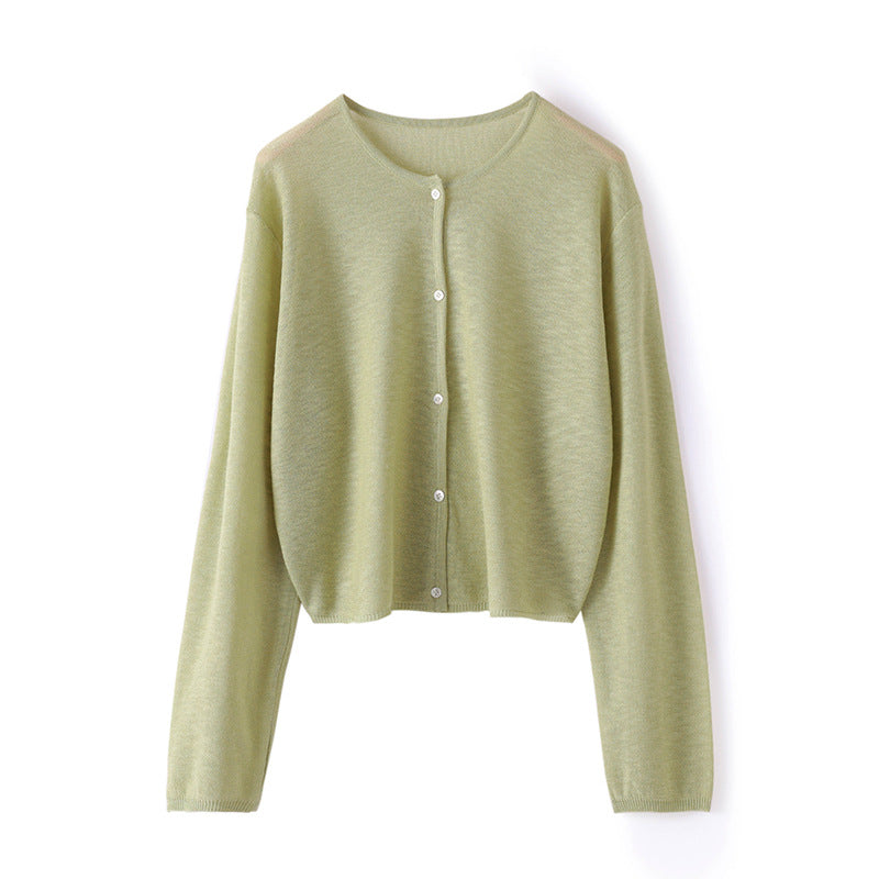 薄手日焼け止めジャケット 2023年夏新作ニット多用途長袖ラウンドネックトップスレディースアウターバンブーリネンルーズカーディガン