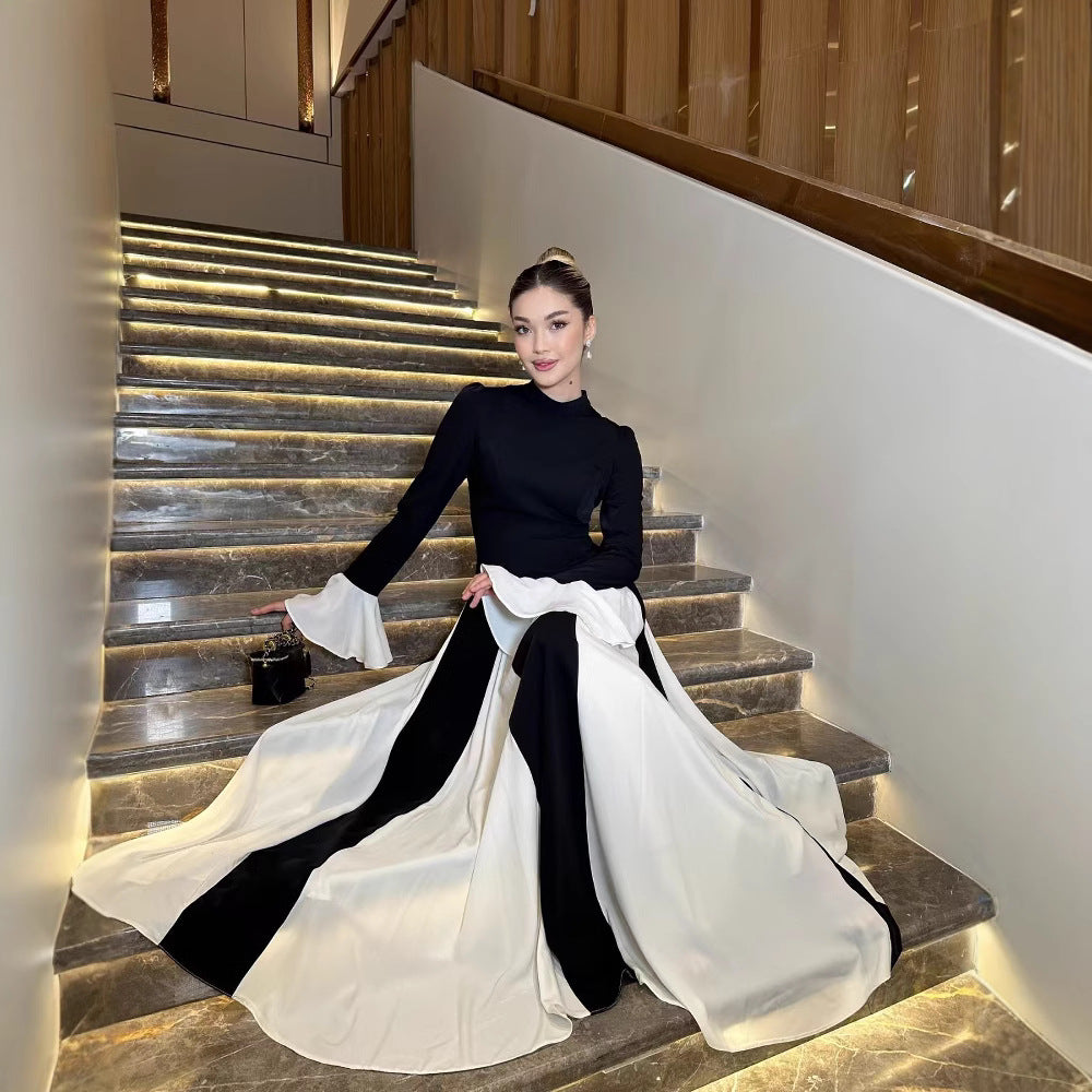 欧米風 春夏 ラッパ袖 配色 ワンピース 着痩せ きれいめ 大人 カジュアル