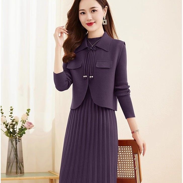 プリーツ ニット ワンピース ベスト風 セット見え_レディース_秋冬_長袖 ロング きれいめ 上品 通勤 オフィス映え 伸縮性 抜群_ラクダ M