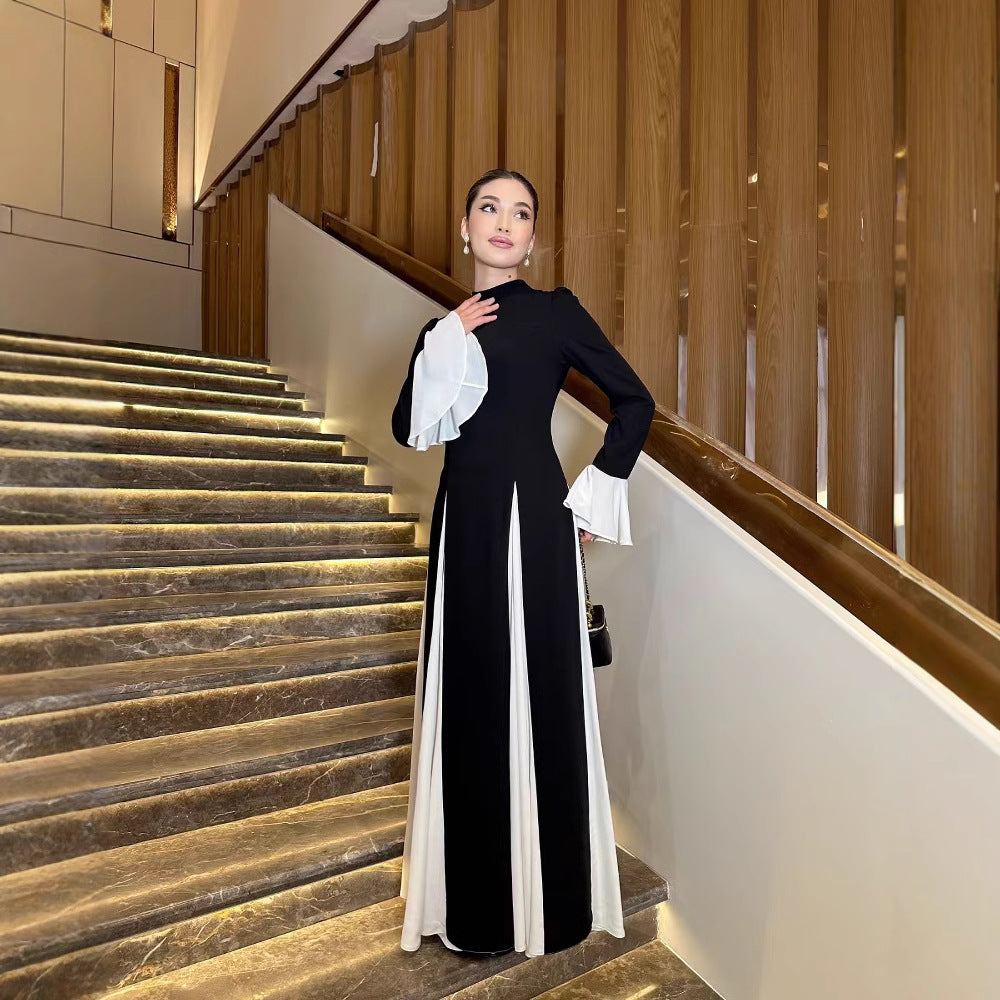 欧米風 春夏 ラッパ袖 配色 ワンピース 着痩せ きれいめ 大人 カジュアル