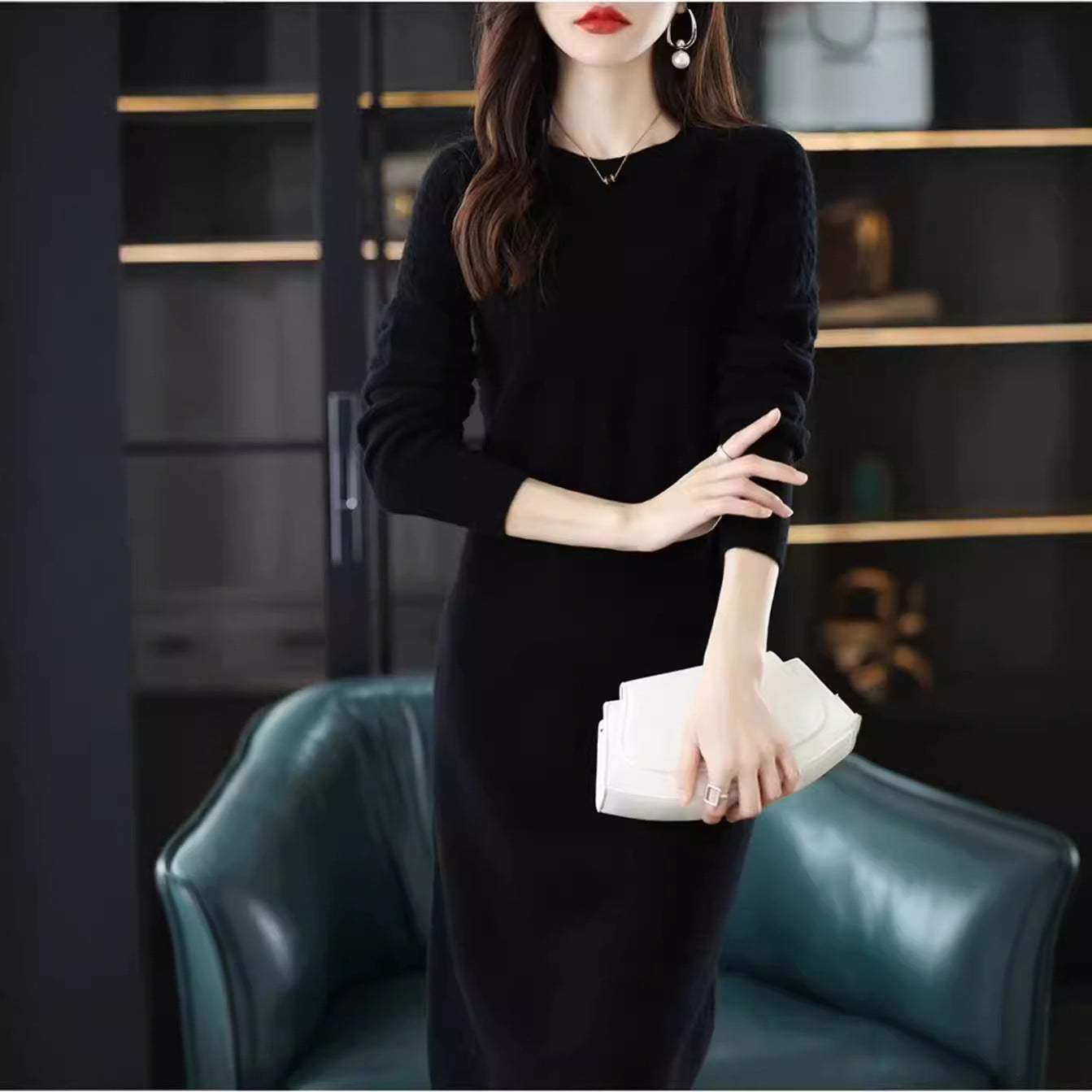 ケーブル編み ニット ワンピース ロング 長袖_レディース_秋冬_きれいめ 上品 体型カバー オフィス映え_キャメル ワンサイズ