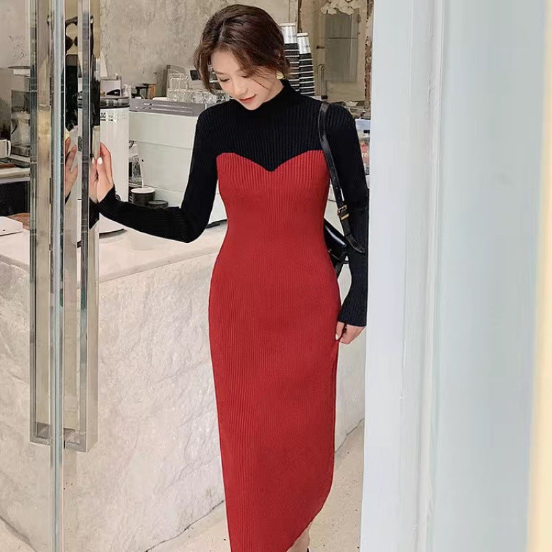 リブニット バイカラー ワンピース レディース 秋冬 ハイネック ロング 長袖 きれいめ オフィス 通勤 上品 大きいサイズ ブラック/レッド S-2XL