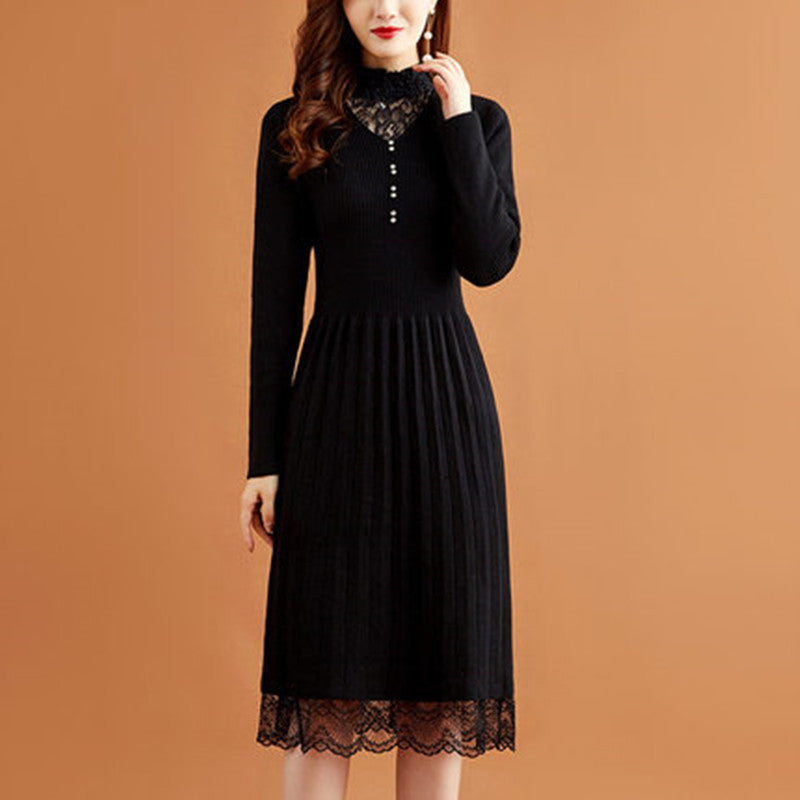 レース切替 リブ ニット ワンピース レディース 秋冬 長袖 プリーツ きれいめ 上品 オフィス映え 体型カバー ロング 秋 きれいめ ワンピース ルージュ フリー