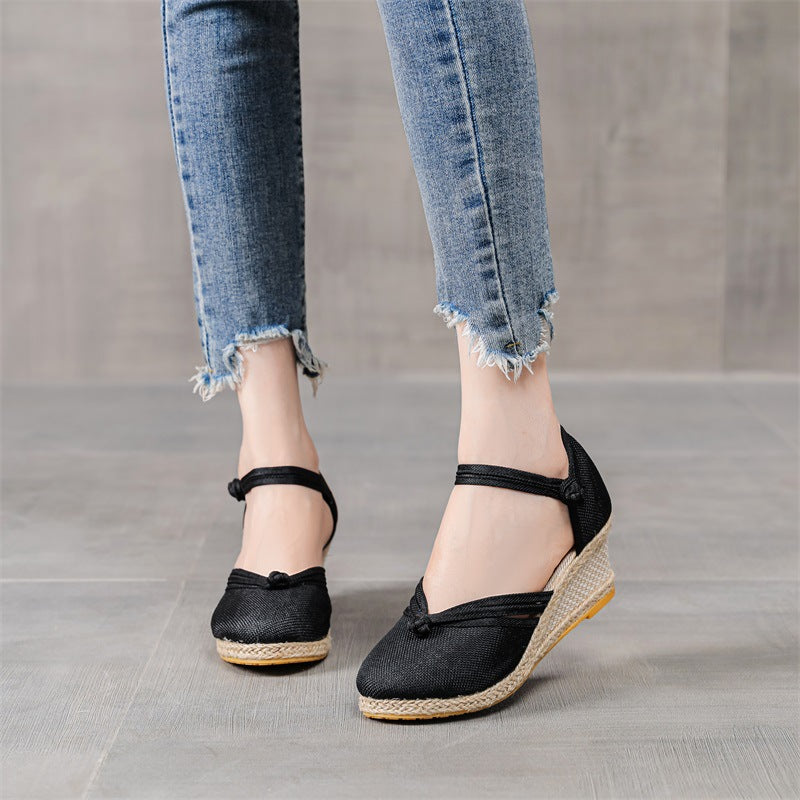 ウェッジヒール欧米サンダル 先のとがったつま先 麻ニット バックル