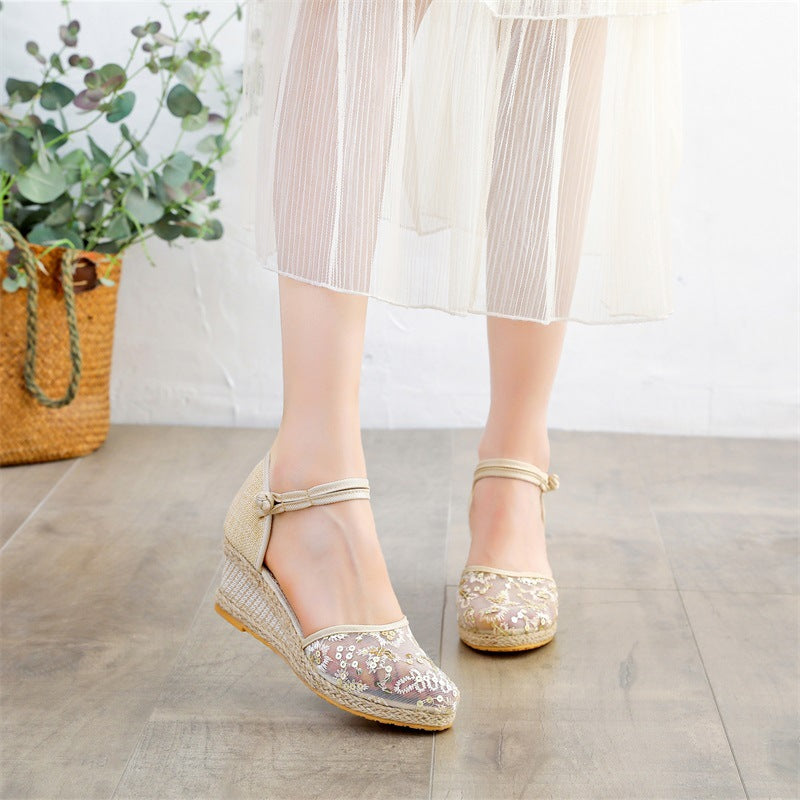 レディースサンダル ウェッジヒール メッシュ 麻ニット