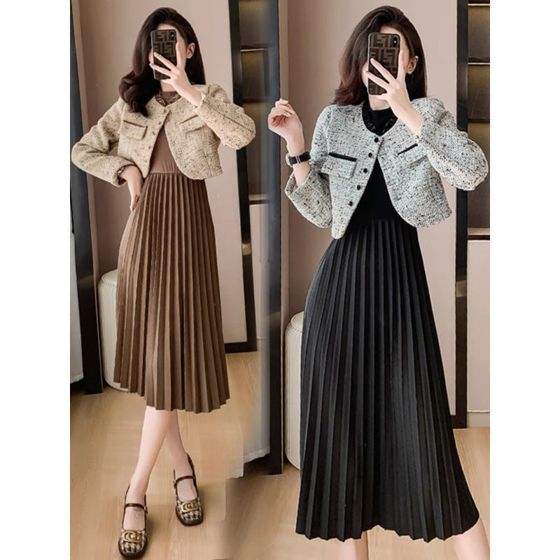 プリーツ ワンピース セットアップ ツイード風 ショートジャケット_レディース_秋_長袖 ロング 2way オフィス 通勤 上品 きれいめ_カーキセット/ブラックセット_S-2XL