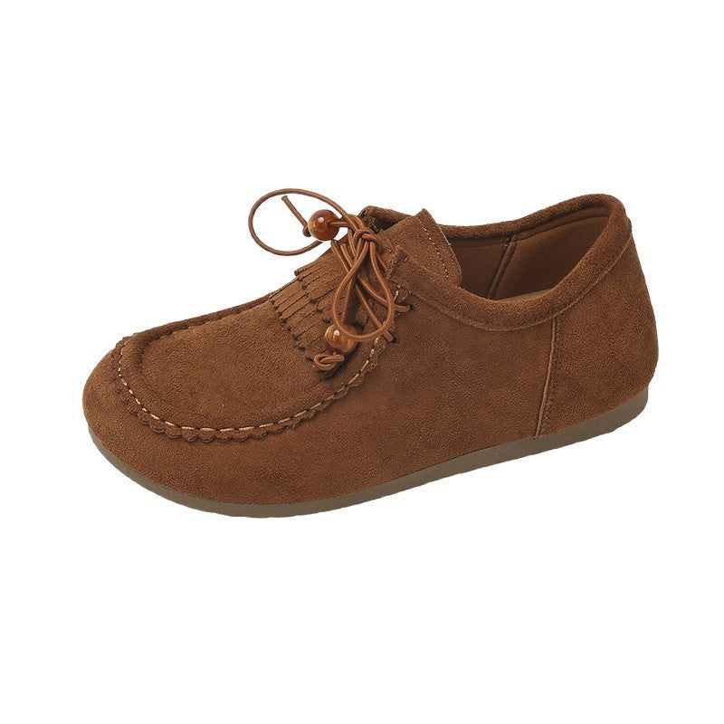 フリンジ モカシン ローファー フラットソール レディース 秋冬 レースアップ 軽やか 通気性 抜群 つま先あり 上品 おしゃれ_カーキ/ブラウン 35-40