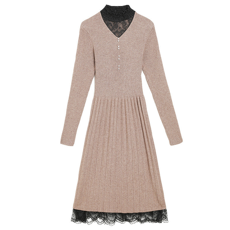 レース切替 リブ ニット ワンピース レディース 秋冬 長袖 プリーツ きれいめ 上品 オフィス映え 体型カバー ロング 秋 きれいめ ワンピース ルージュ フリー