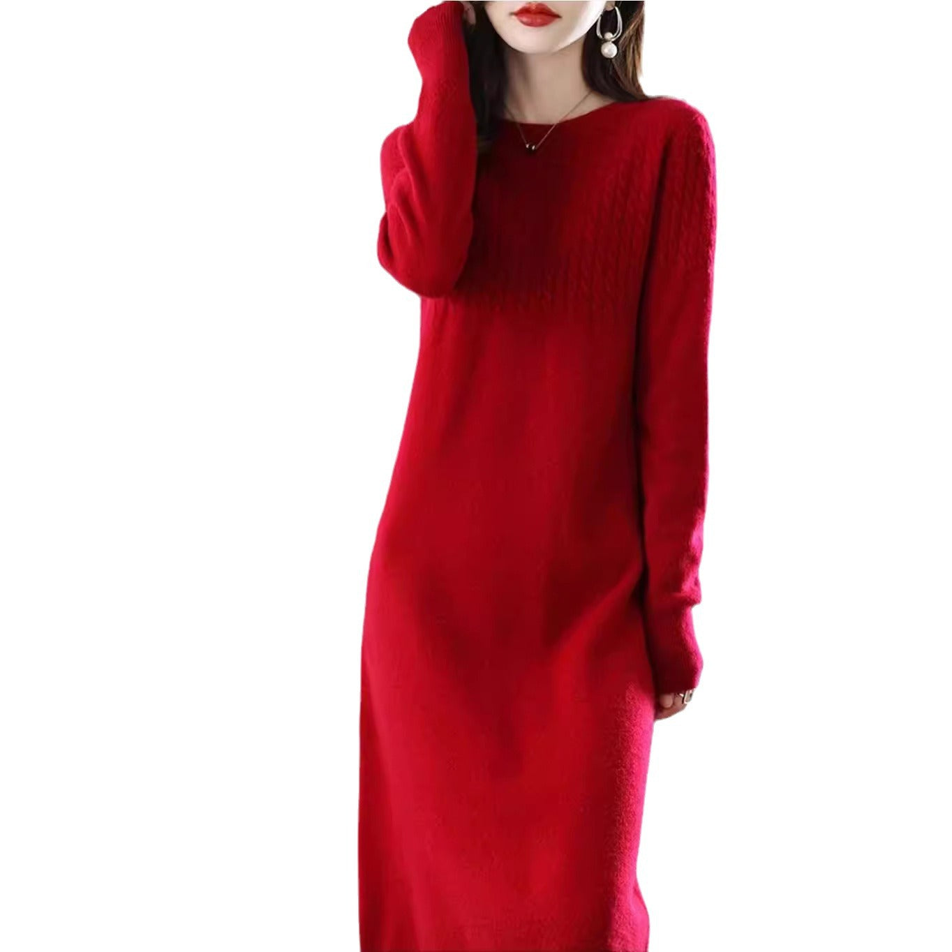 ケーブル編み ニット ワンピース ロング 長袖_レディース_秋冬_きれいめ 上品 体型カバー オフィス映え_キャメル ワンサイズ