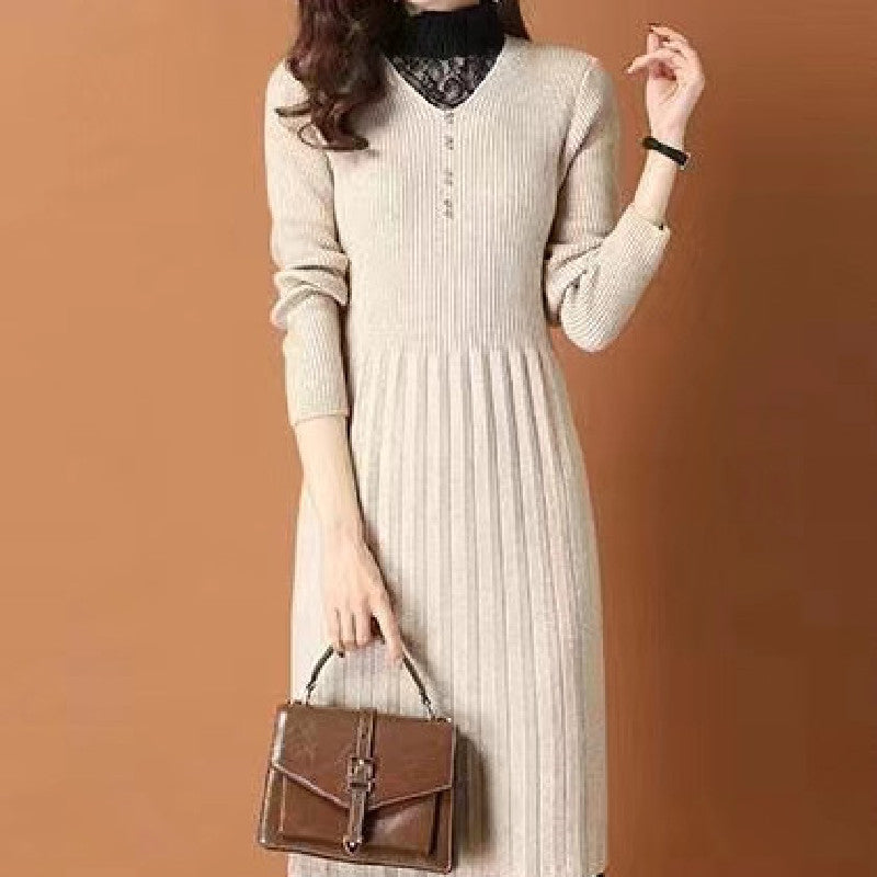 レース切替 リブ ニット ワンピース レディース 秋冬 長袖 プリーツ きれいめ 上品 オフィス映え 体型カバー ロング 秋 きれいめ ワンピース ルージュ フリー