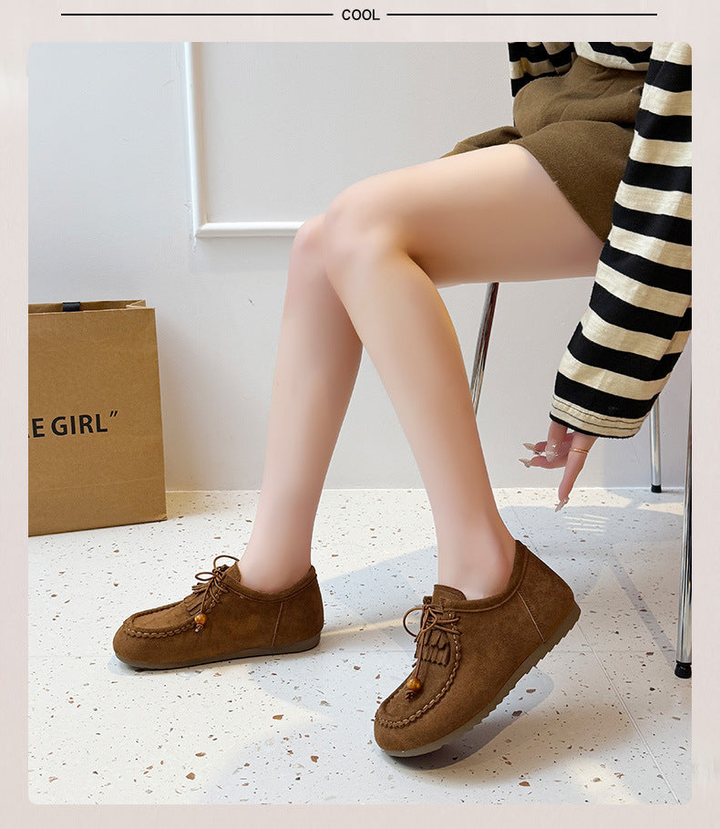 フリンジ モカシン ローファー フラットソール レディース 秋冬 レースアップ 軽やか 通気性 抜群 つま先あり 上品 おしゃれ_カーキ/ブラウン 35-40