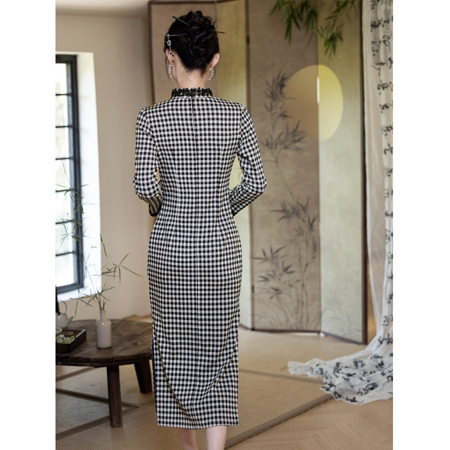 ギンガム格子 チャイナ風 ワンピース レディース 秋 長袖 とろみ素材 レース モノトーン ロング きれいめ オフィス映え 通勤 格子 S-3XL