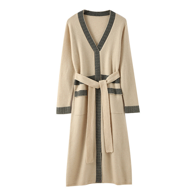 カシミヤ ニット ワンピース ロング Vネック ポケット付き オフィス映え きれいめ 上品_レディース_秋冬_長袖 カーディガン風 ゆったり_ライトベージュ/ブラック_M-XL