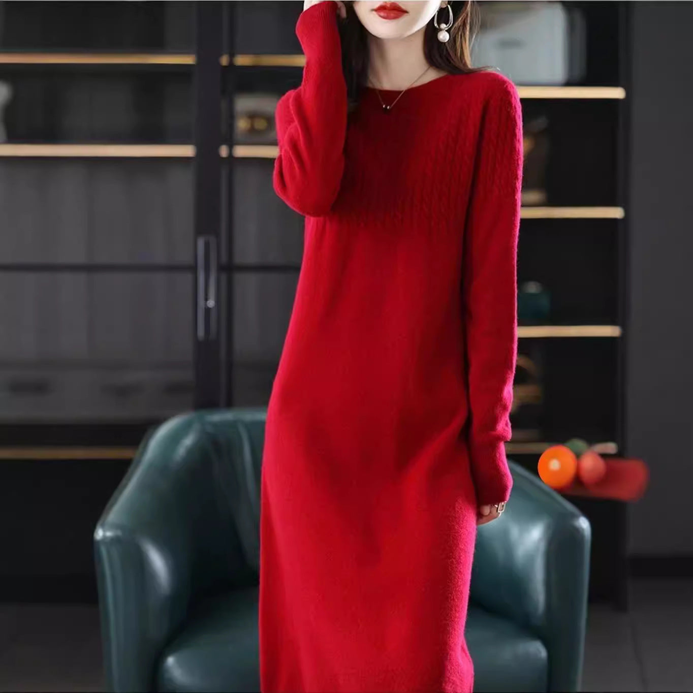 ケーブル編み ニット ワンピース ロング 長袖_レディース_秋冬_きれいめ 上品 体型カバー オフィス映え_キャメル ワンサイズ